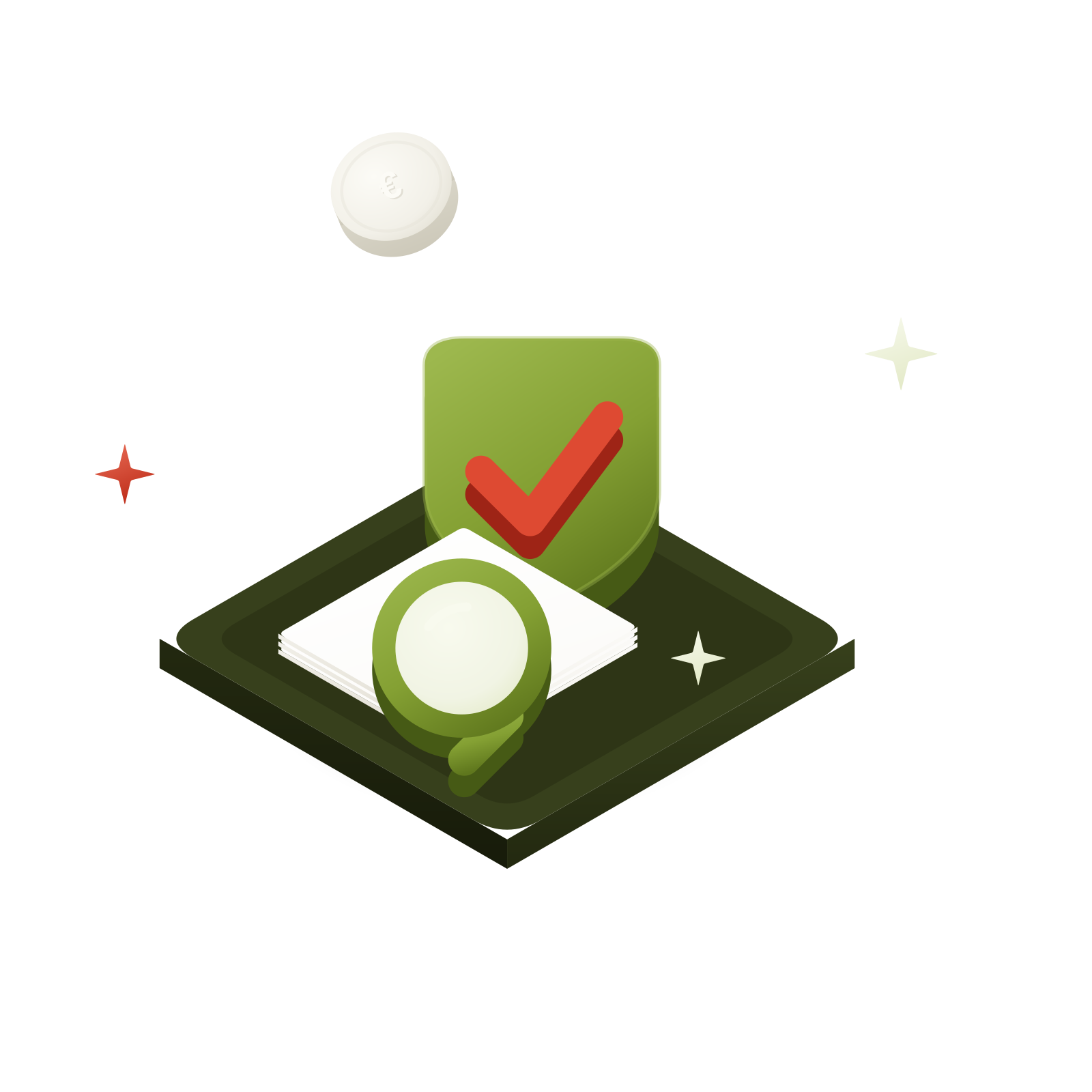Isometric 3D illustration: a document with a magnifying glass and a shield with an almagre check mark