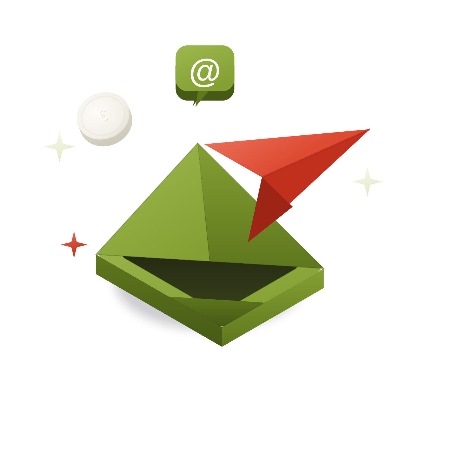 Ilustración 3D isométrica: un sobre abierto con un avión de papel almagre y una insignia @