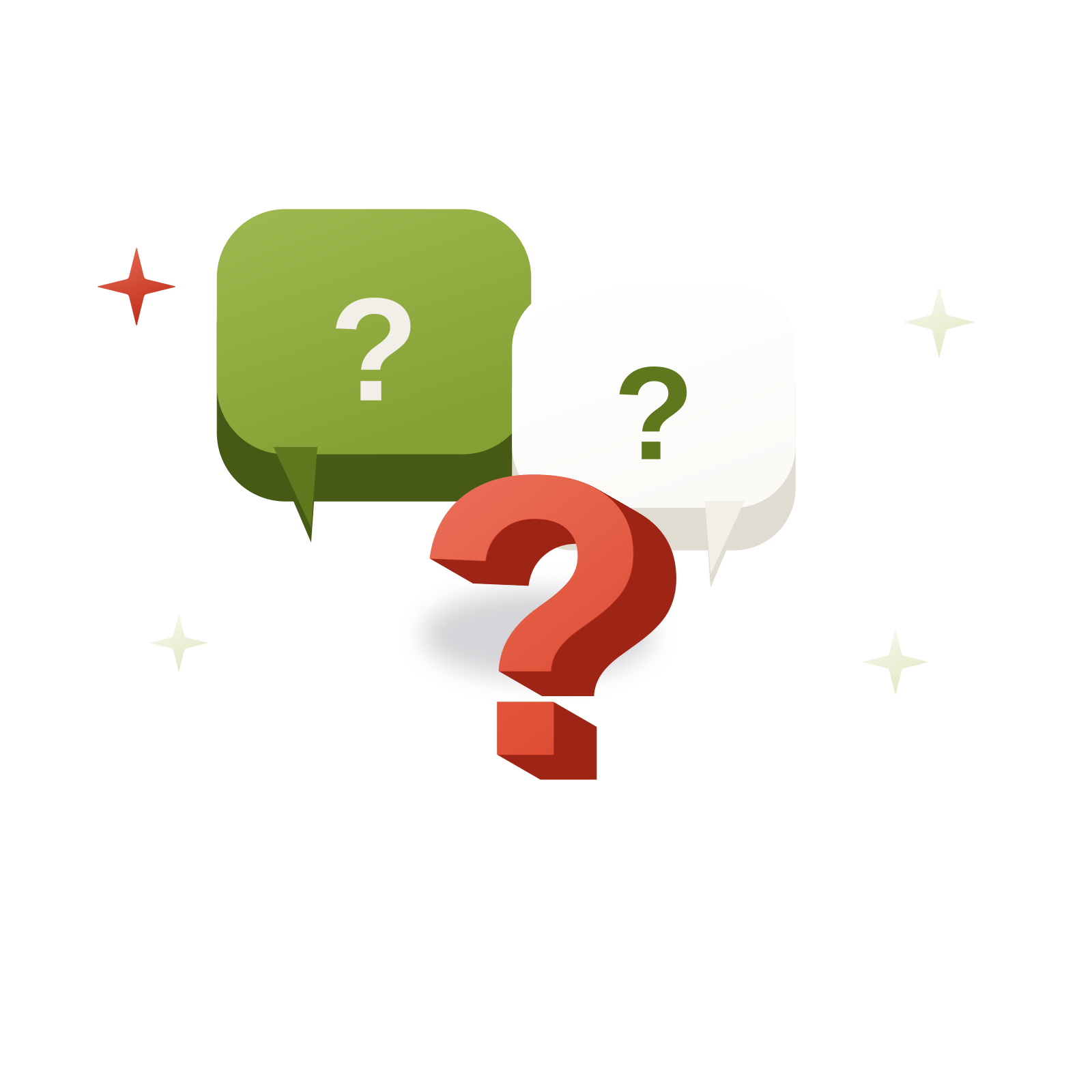 Isometric 3D illustration: three overlapping speech bubbles with question marks
