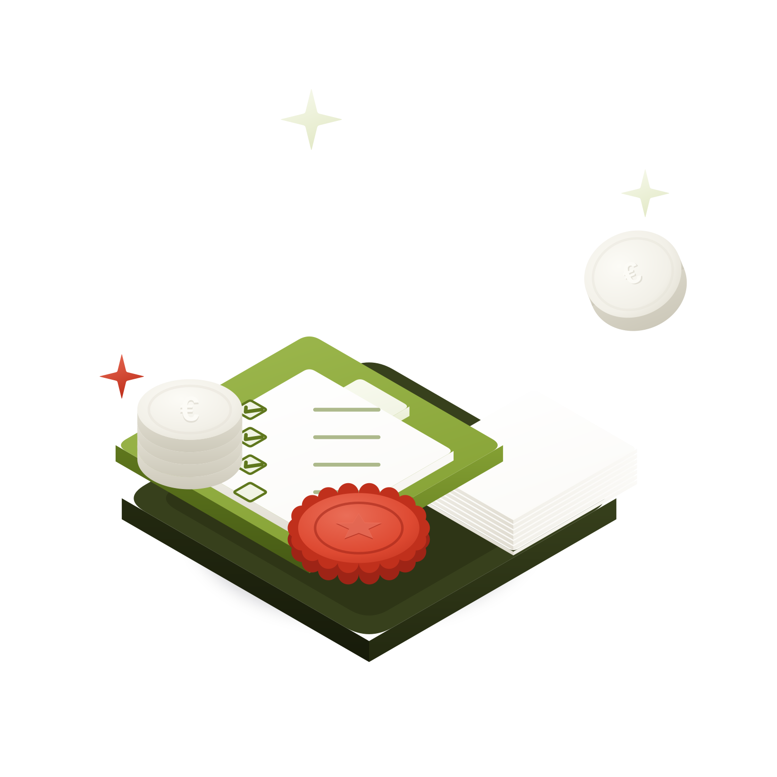 Isometric 3D illustration: a document with family figures and a stack of “€” coins