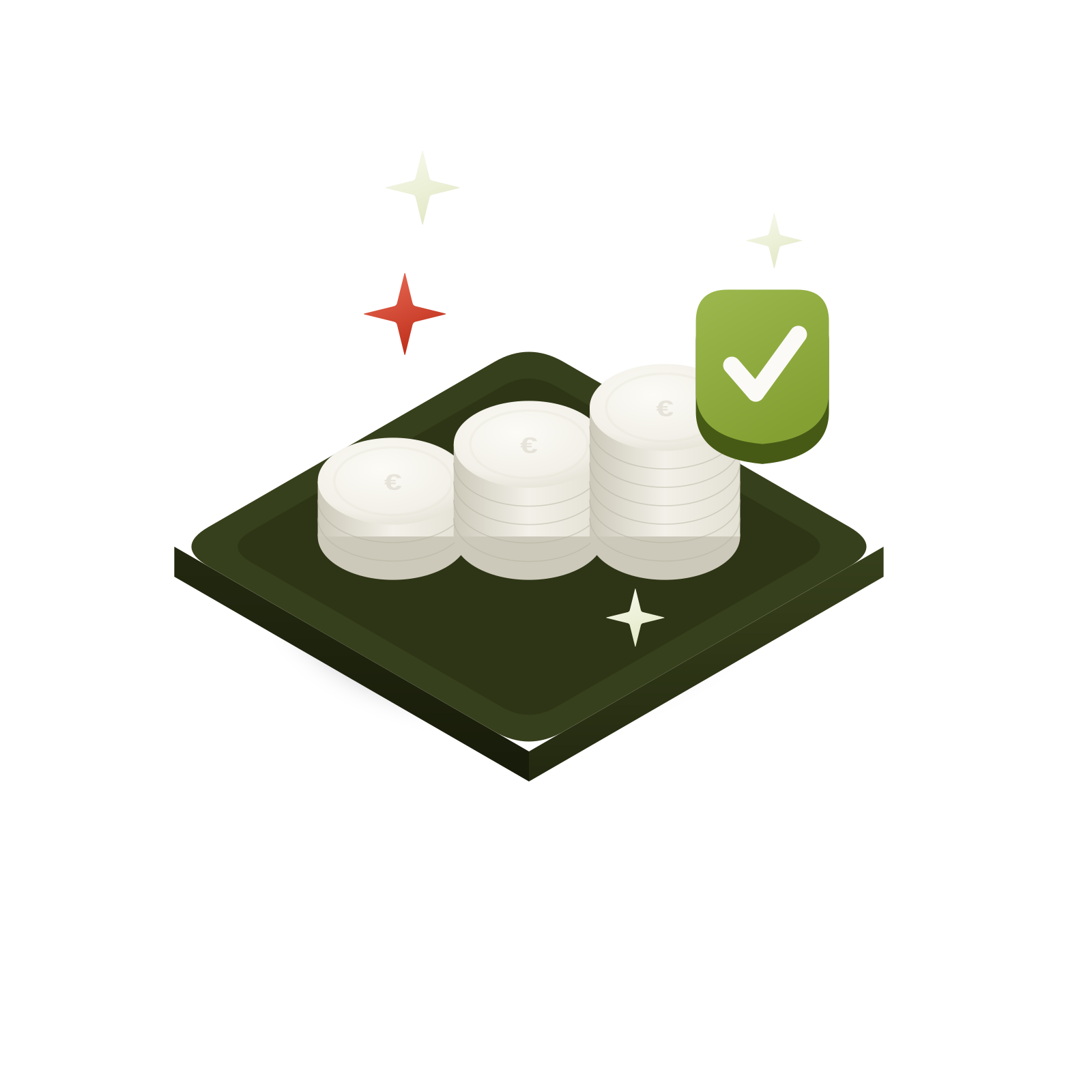 Isometric 3D illustration: three rising stacks of “€” coins and an olive shield with a check mark